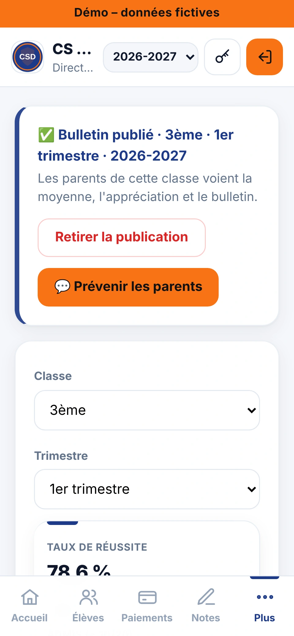 Bulletins d'une classe sur téléphone