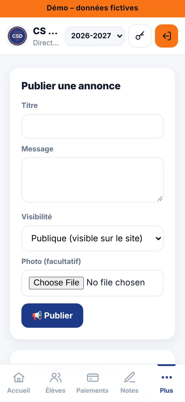 Annonces aux parents et sur le site