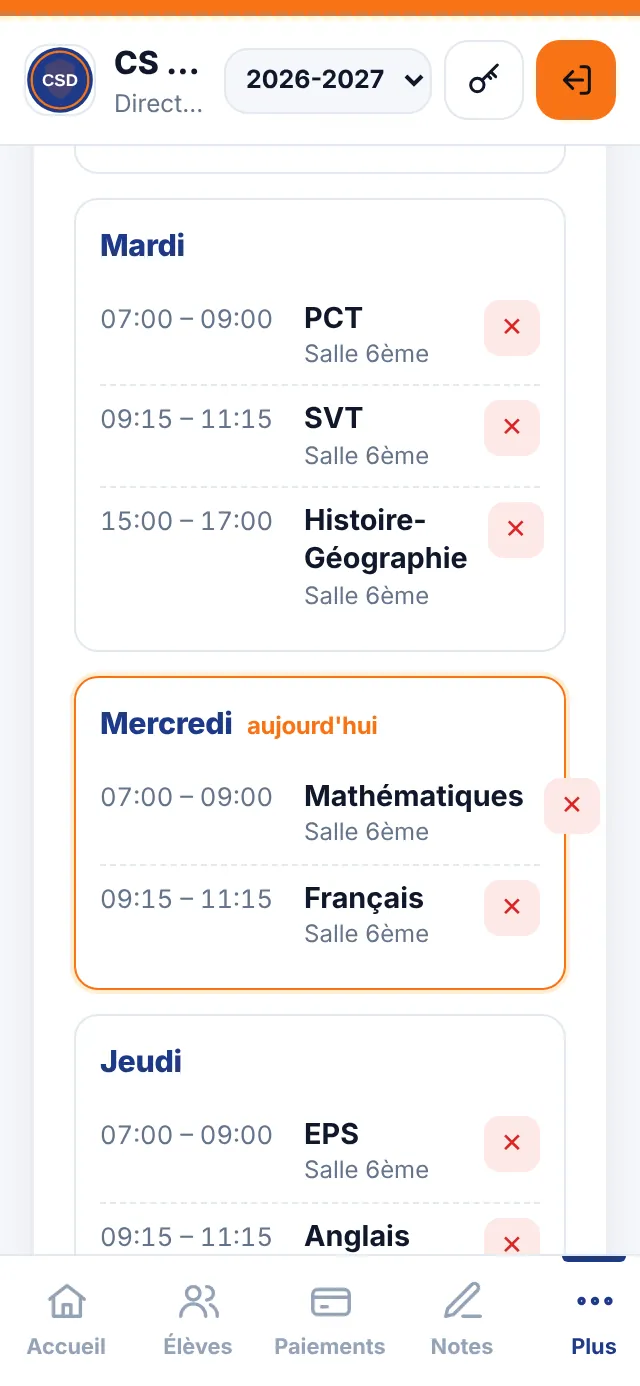Emploi du temps de chaque classe