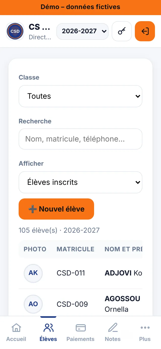 Élèves : fiches, photos, cartes scolaires