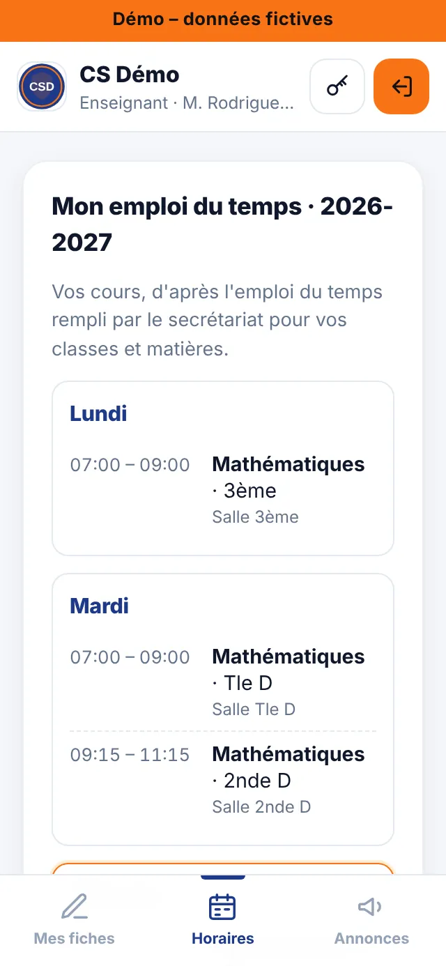 Espace enseignant : ses cours de la semaine