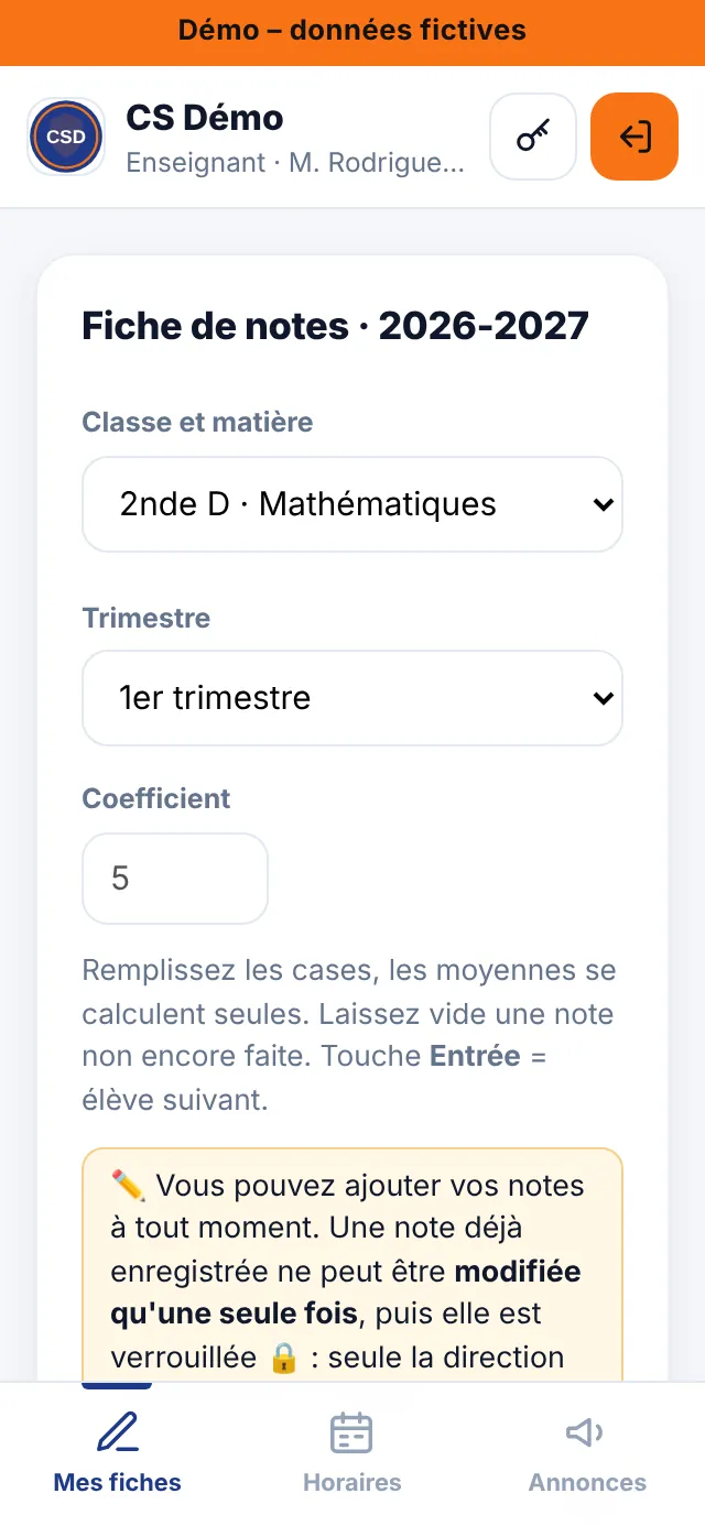 Espace enseignant : ses fiches de notes
