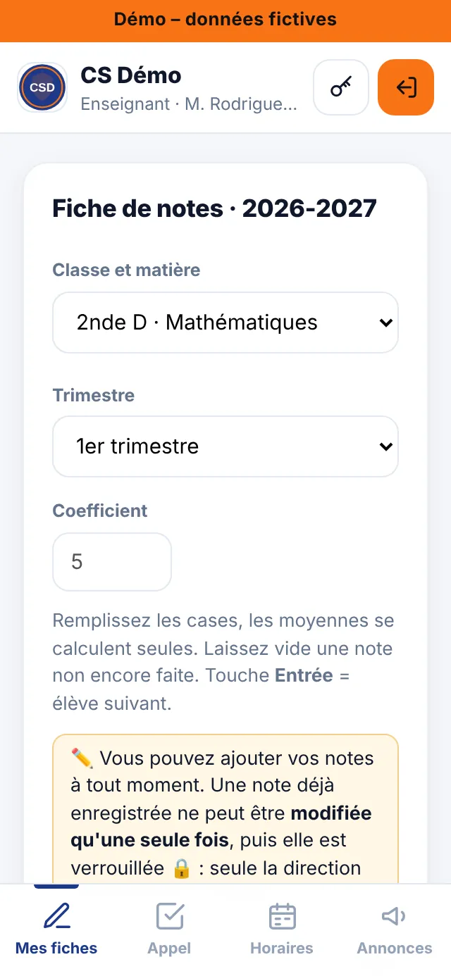 Espace enseignant : ses fiches de notes