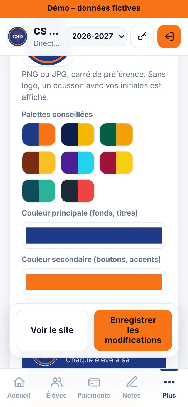 Mon école : logo, couleurs, textes, frais