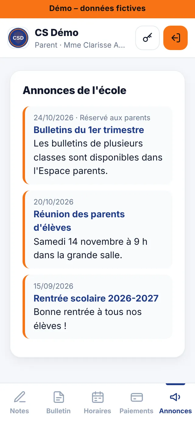 Espace parent : annonces de l'école