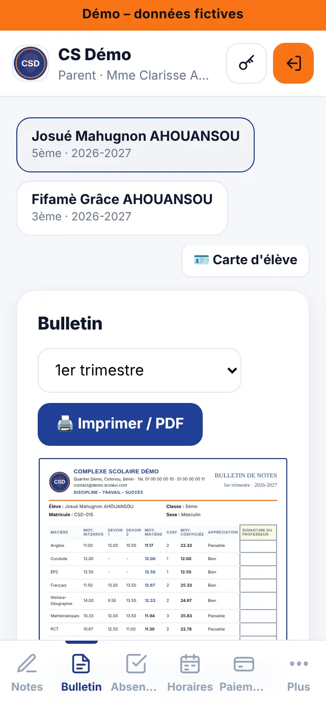 Espace parent : bulletin