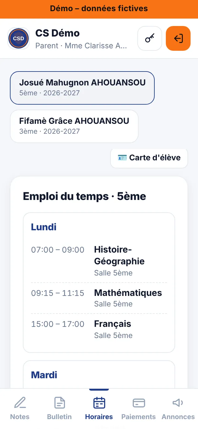 Espace parent : emploi du temps de l'enfant
