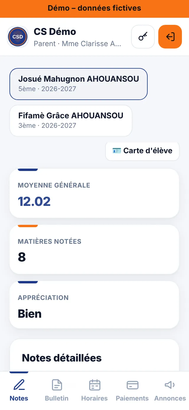 Espace parent : notes de l'enfant