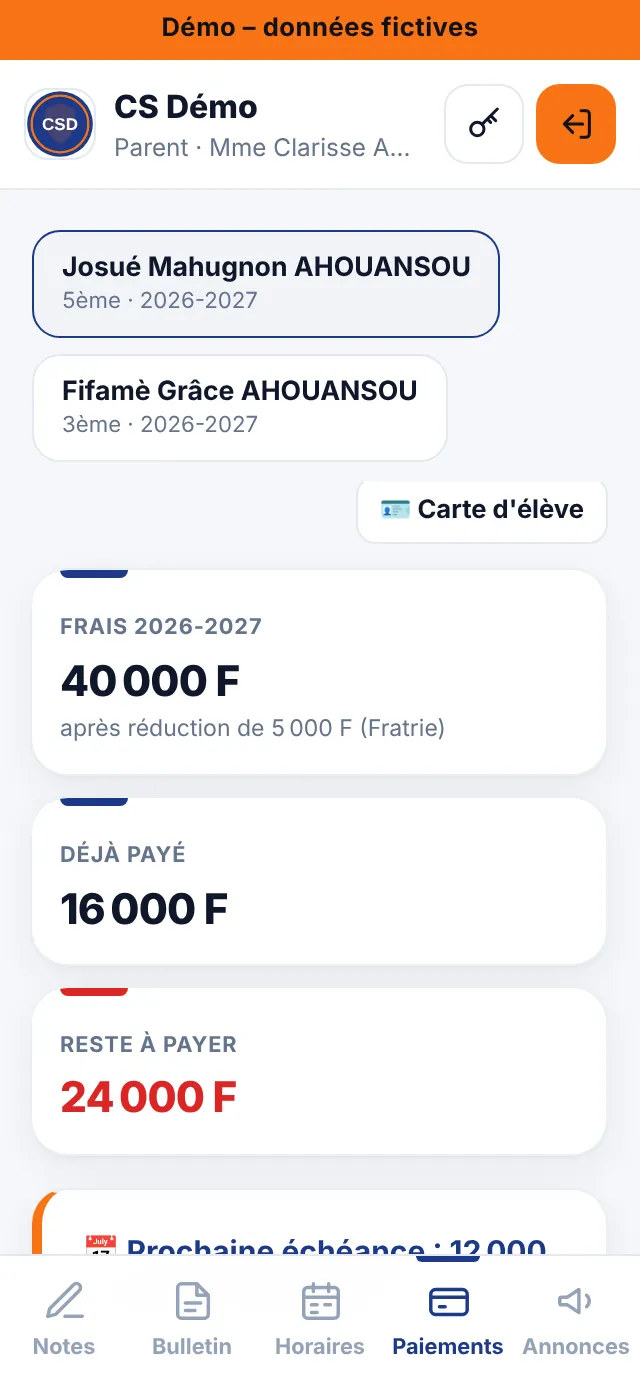 Espace parent : frais, payé, reste à payer