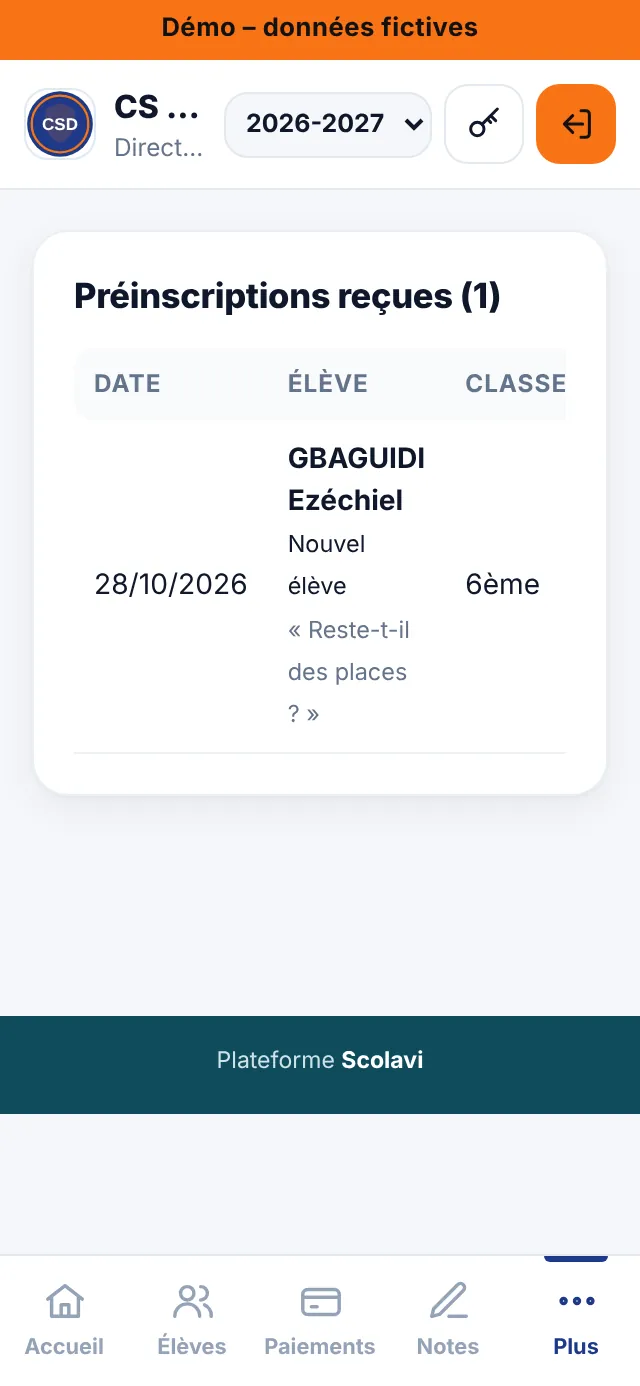 Préinscriptions reçues du site