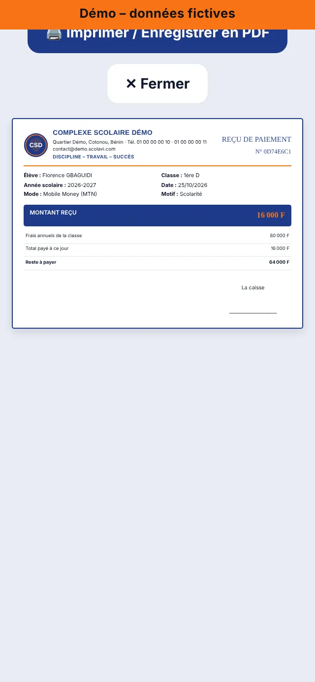 Reçu de paiement imprimable