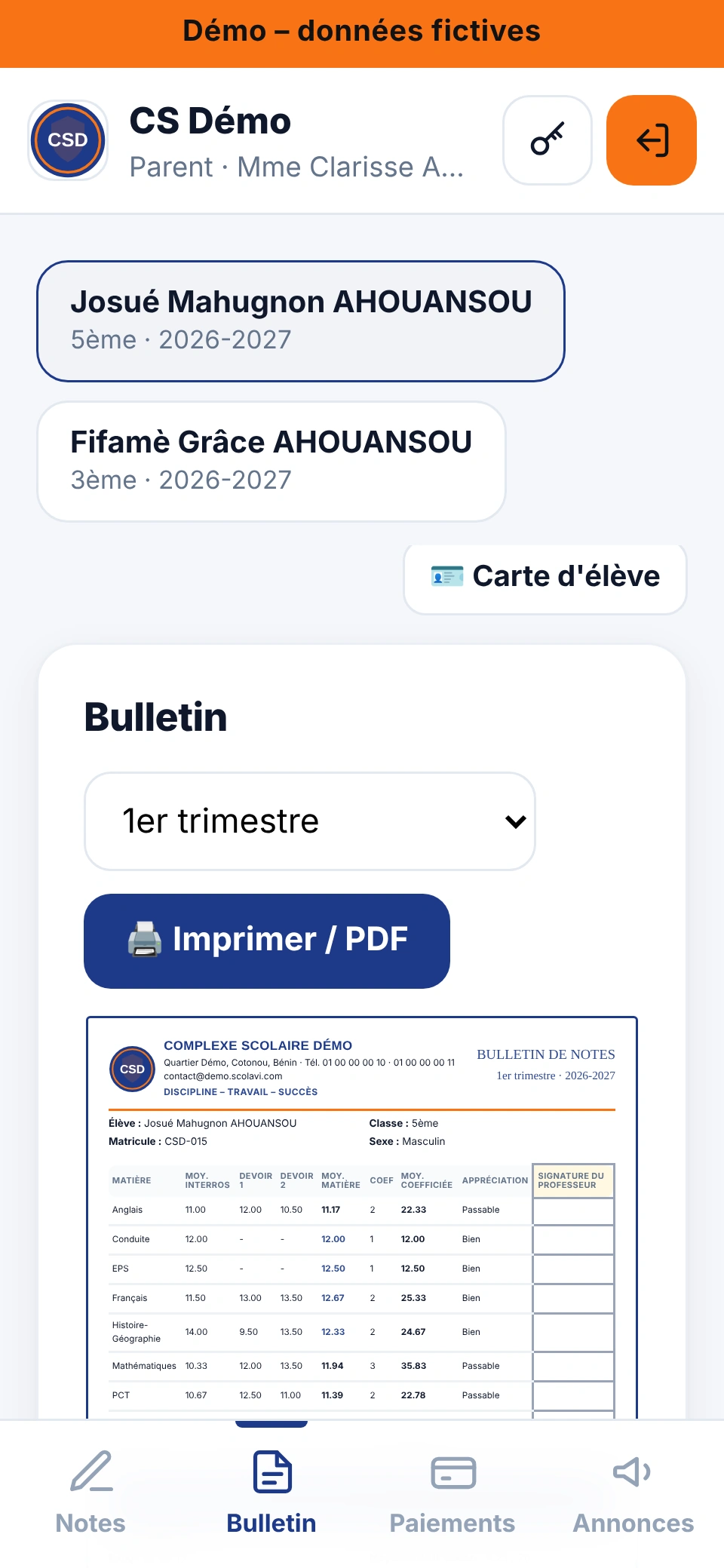 Bulletin dans l'espace parent